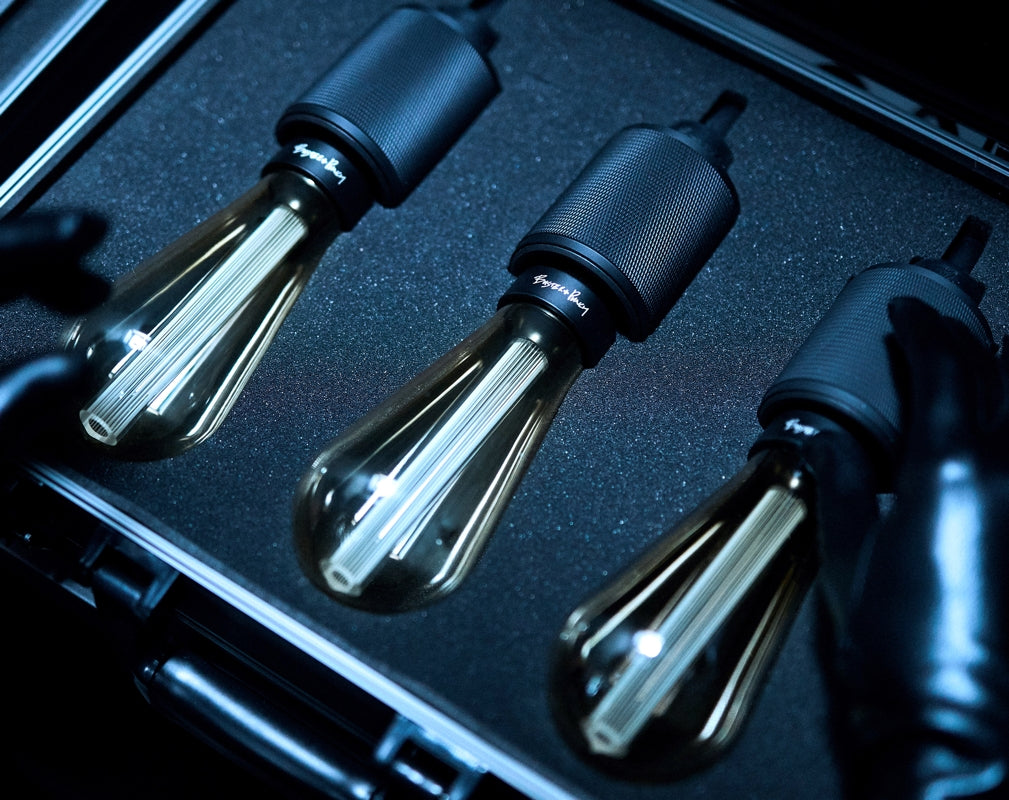 Buster + Punch Heavy Metal Pendant lights in a carry case as featured in the short movie Switch Up