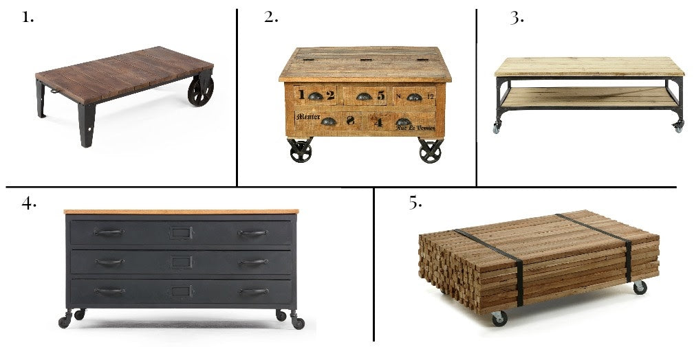 A selection of five industrial style coffee tables on castors