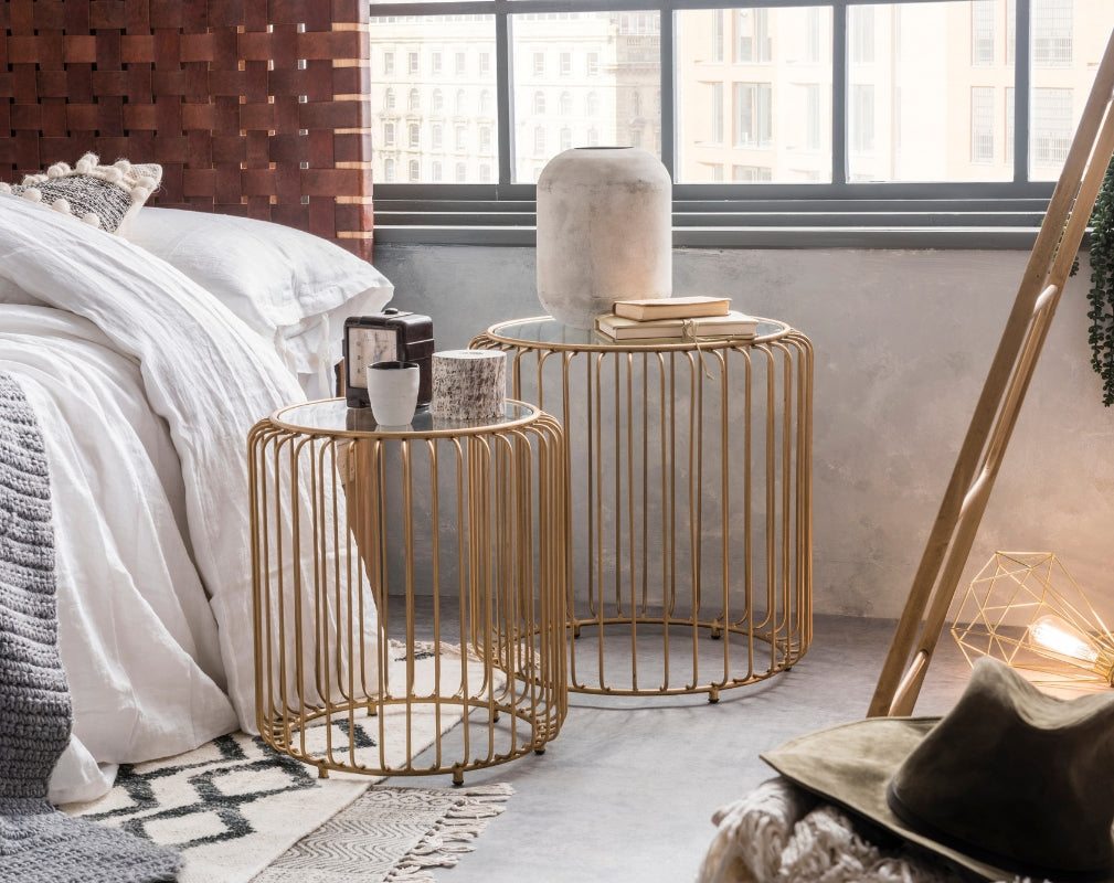 Tough Luxe sophisticated luxurious industrial style bedroom featuring pieces from Cuckooland