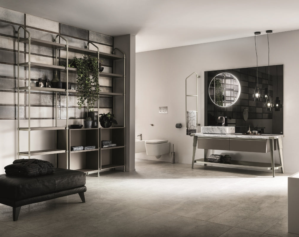 Open Workshop Industrial Style Bathroom from Scavolini and Diesel Living featuring floor to ceiling tubular shelving