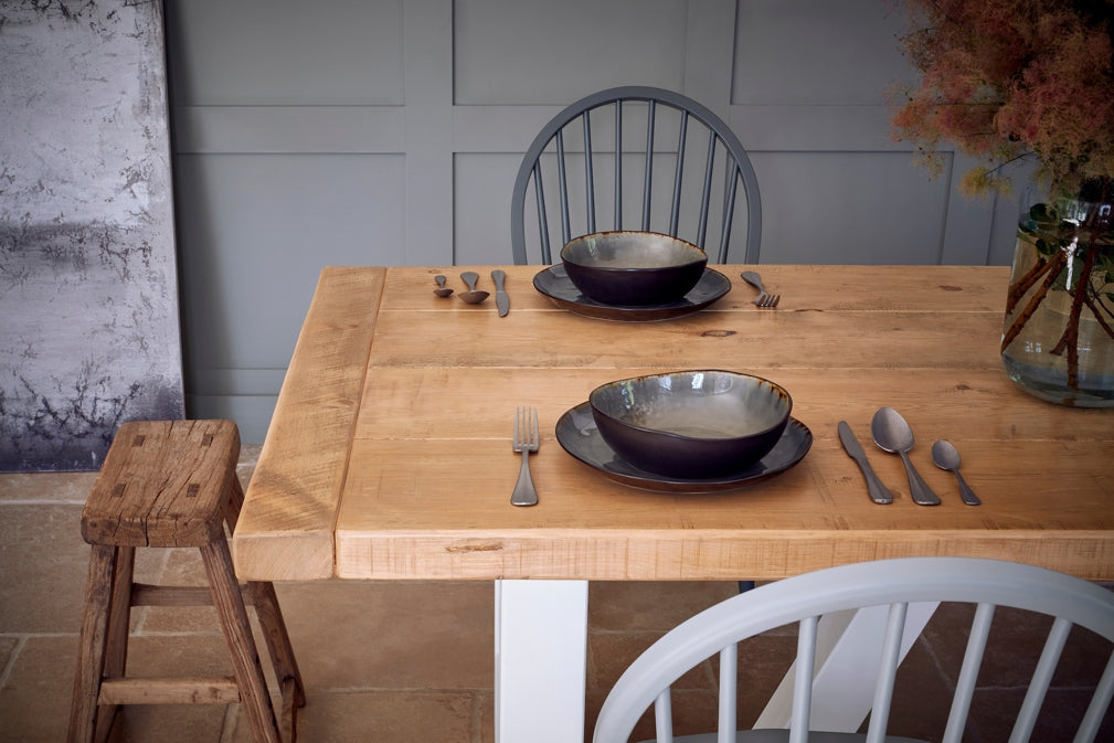 Home Barn's North American timber Mill dining table features in a modern rustic dining scheme