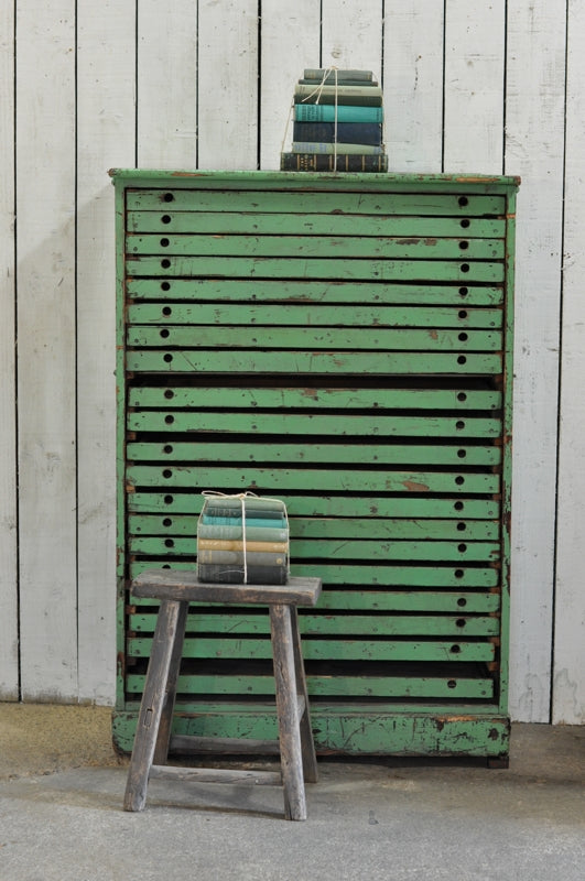Home Barn's vintage industrial Print Works rustic green Plan Chest is a stylish storage solution