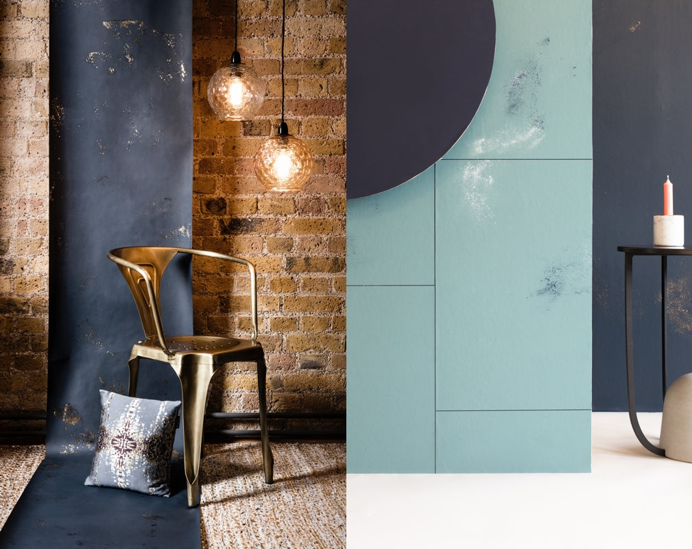 Igneous wallpaper from CUSTHOM featured in two room sets. Image on left from Warehouse Home Issue Three by Oliver Perrott