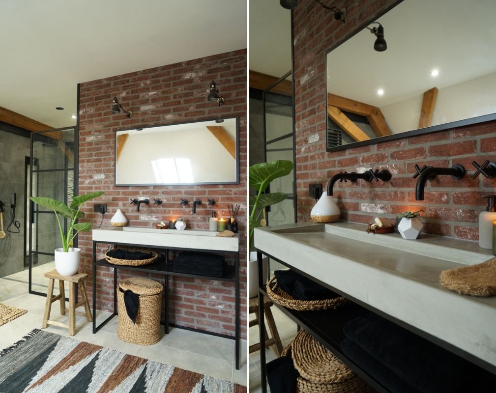 Jellina Detmar's industrial style bathroom. A Crittall style shower enclosure, exposed brick wall and concrete basin add a real industrial feel to the bathroom.