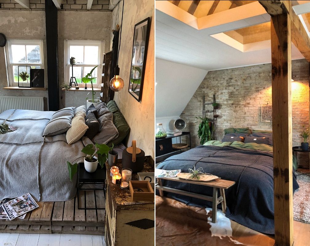 Jellina Detmar's industrial style farmhouse. The exposed brick wall creates an industrial style statement behind the bed