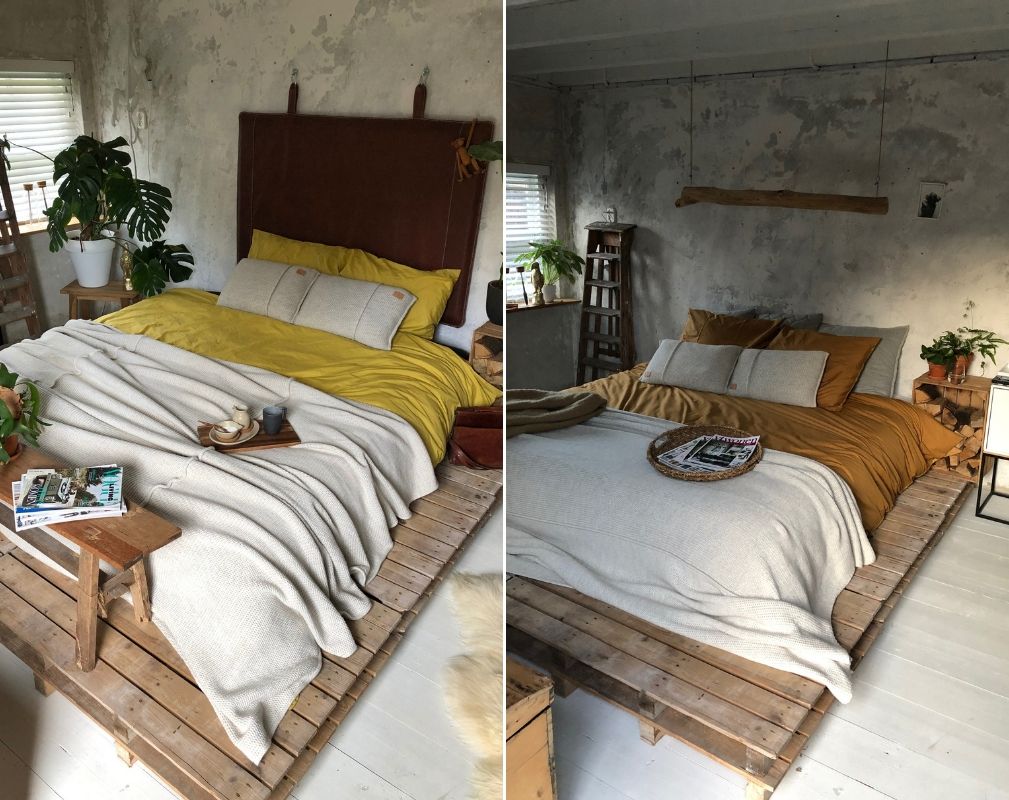 Jellina Detmar's industrial style farmhouse. The bed is placed on a pallet platform