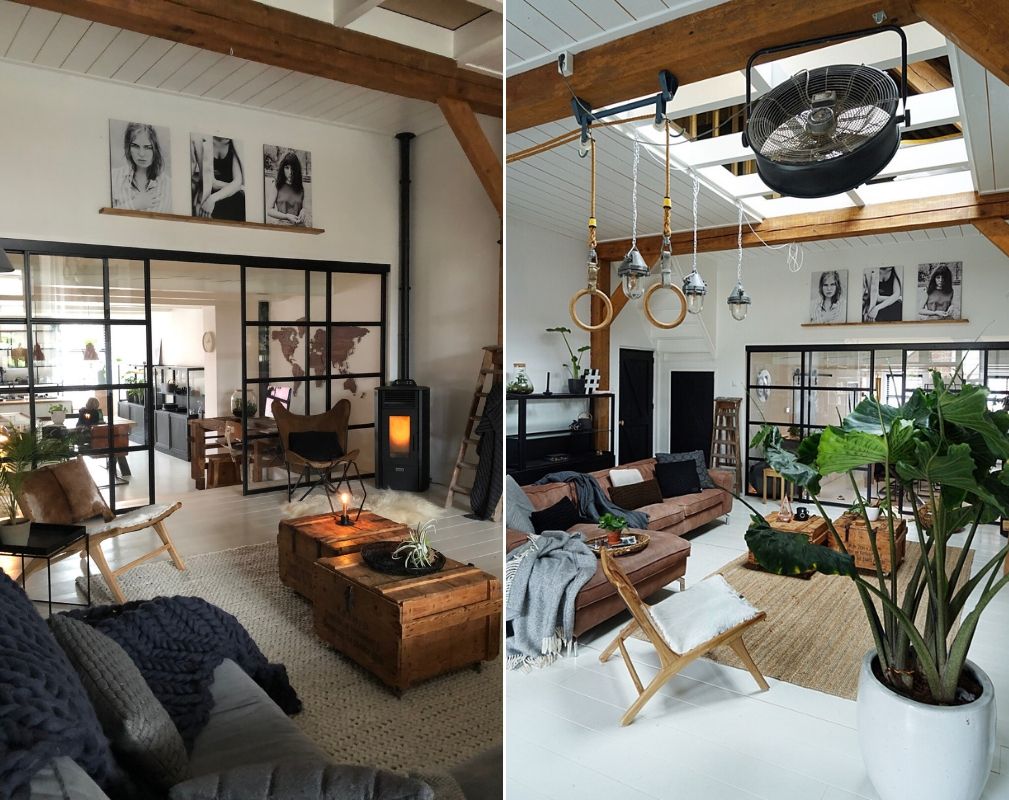 Jellina Detmar's Industrial Style Farmhouse. The high ceilings and large wooden beams in this room allow industrial lighting and vintage gym equipment to be suspended.