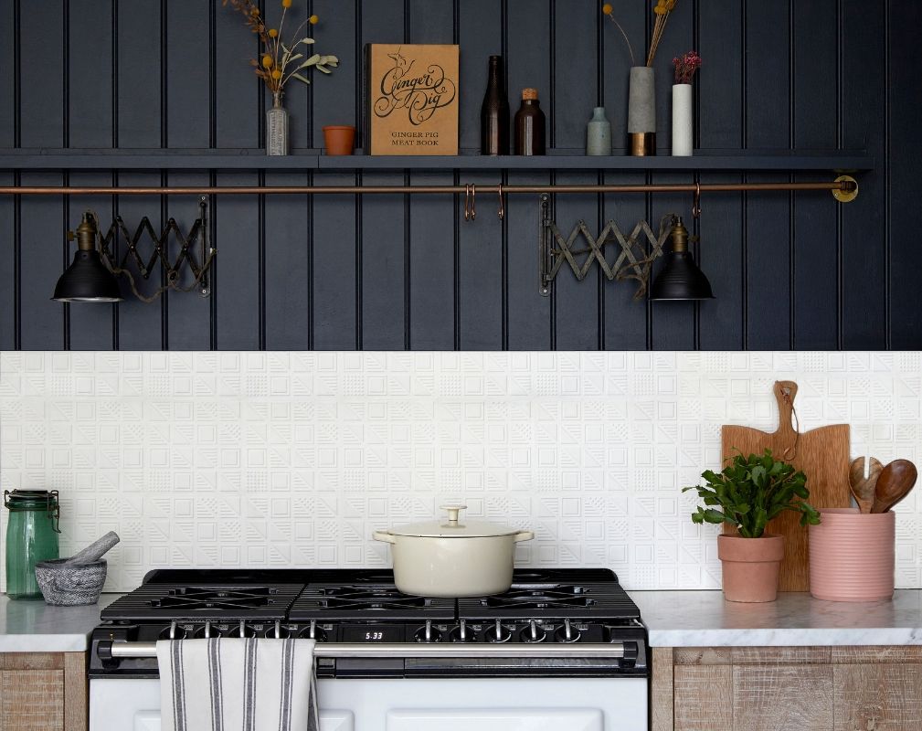 3D Cement wall tiles designed by Lindsey Lang and featured in a rustic kitchen
