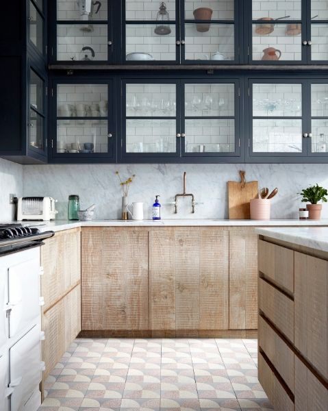 Lindsey Lang's Encaustic Cement floor tiles in a scallop pattern featured in a rustic kitchen 