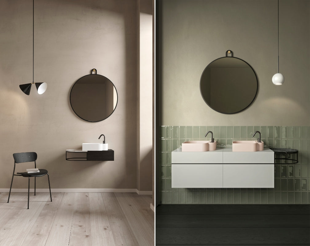 ex.t bathrooms, the Nouveau collection of wasbasins wall hung with round mirror above