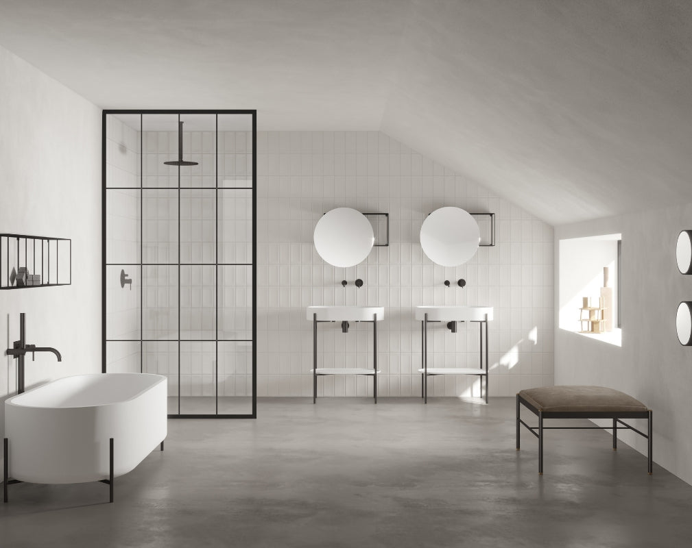 ex.t bathrooms featuring crittall style shower screen and the stand collection bath and washbasins
