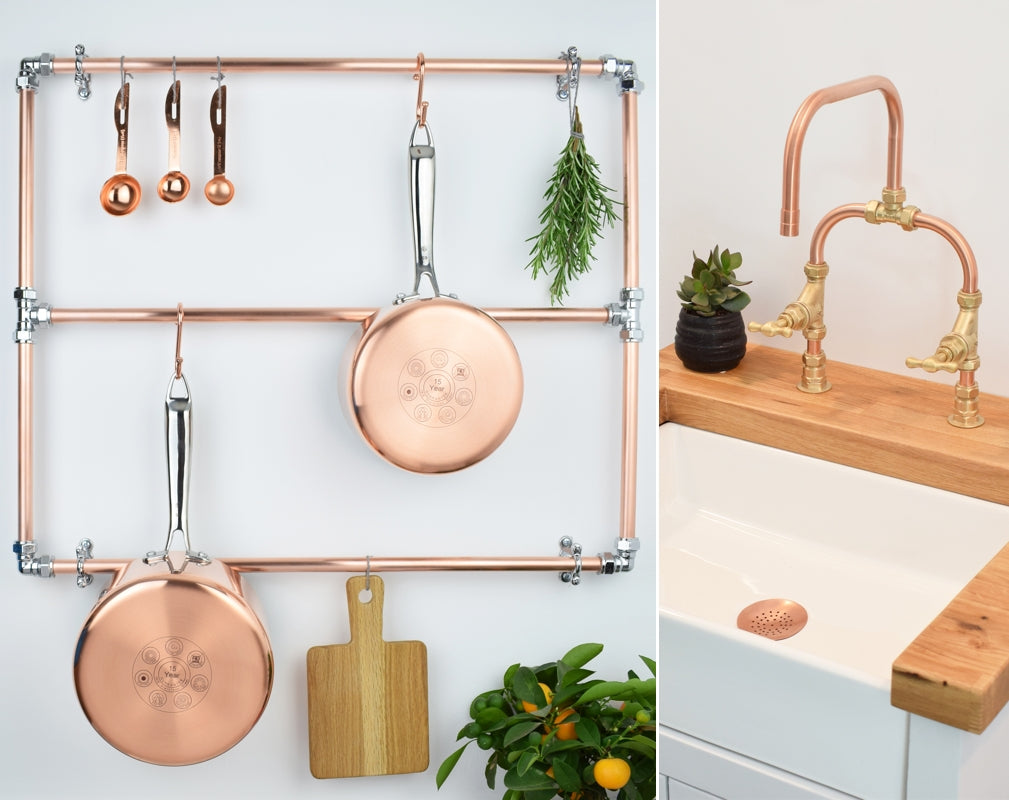 Proper Copper's copper and chrome pan rack and Siene tap are eyecatching designs for the kitchen