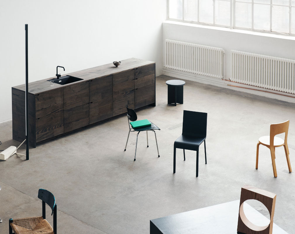 Reform created UP sustainable kitchen in collaboration with Lendager Group using surplus wood flooring planks from Dinesen
