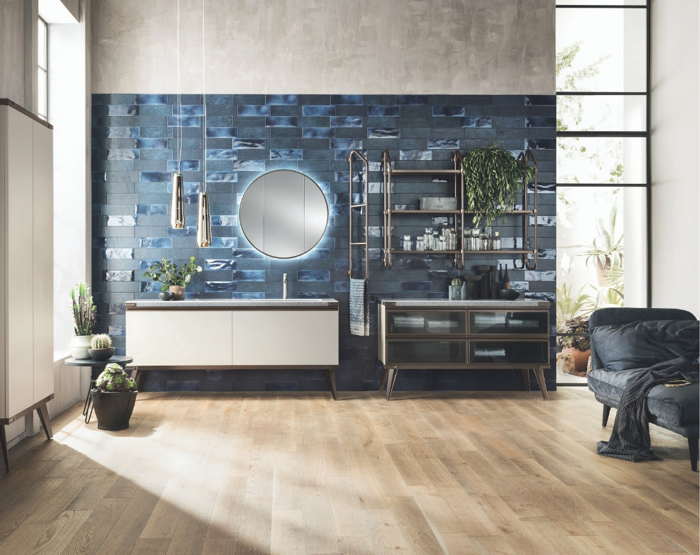 Open Worrkshop Industrial Style bathroom by Scavolini and Diesel Living against a blue tiled wall