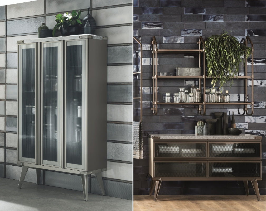 Open WOrkshop Industrial Style bathroom by Scavolini and Diesel Living features various storage optionsfrom large cabinets to open shelving