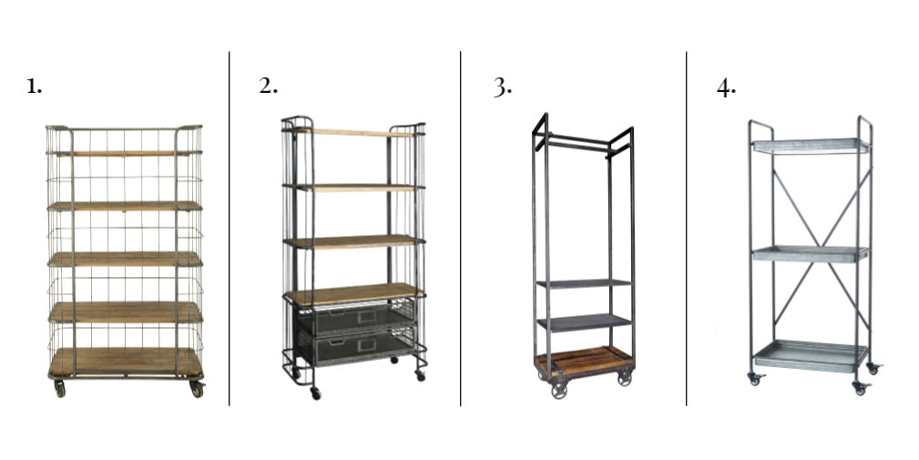 A selection of four industrial style metal shelving units on castors