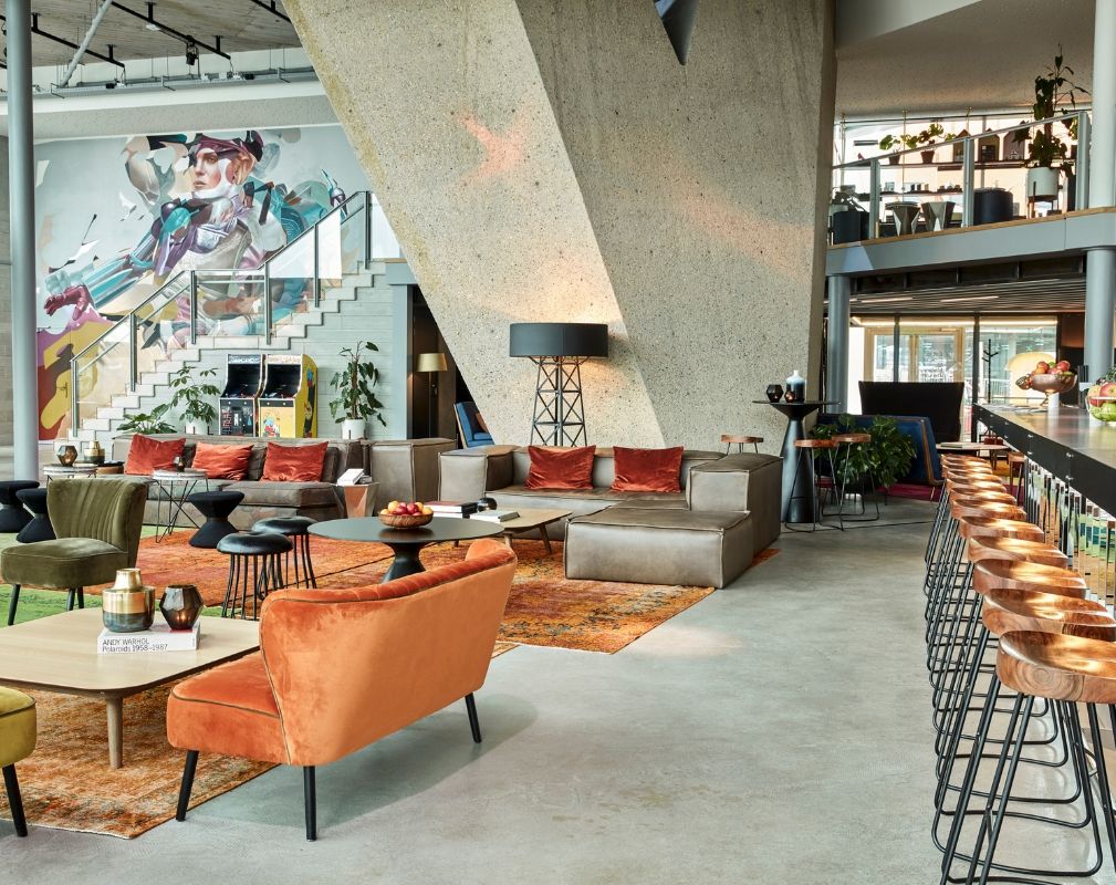 Sir Adam Hotel in Amsterdam. The "living lobby” is called The Butcher Social Club and is a meeting point for the creative community.