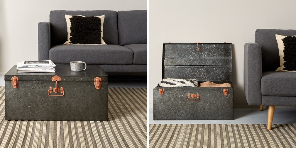The Carter Extra Large Dark Grey Galvanized Metal Storage Trunk from Habitat doubles as a coffee table
