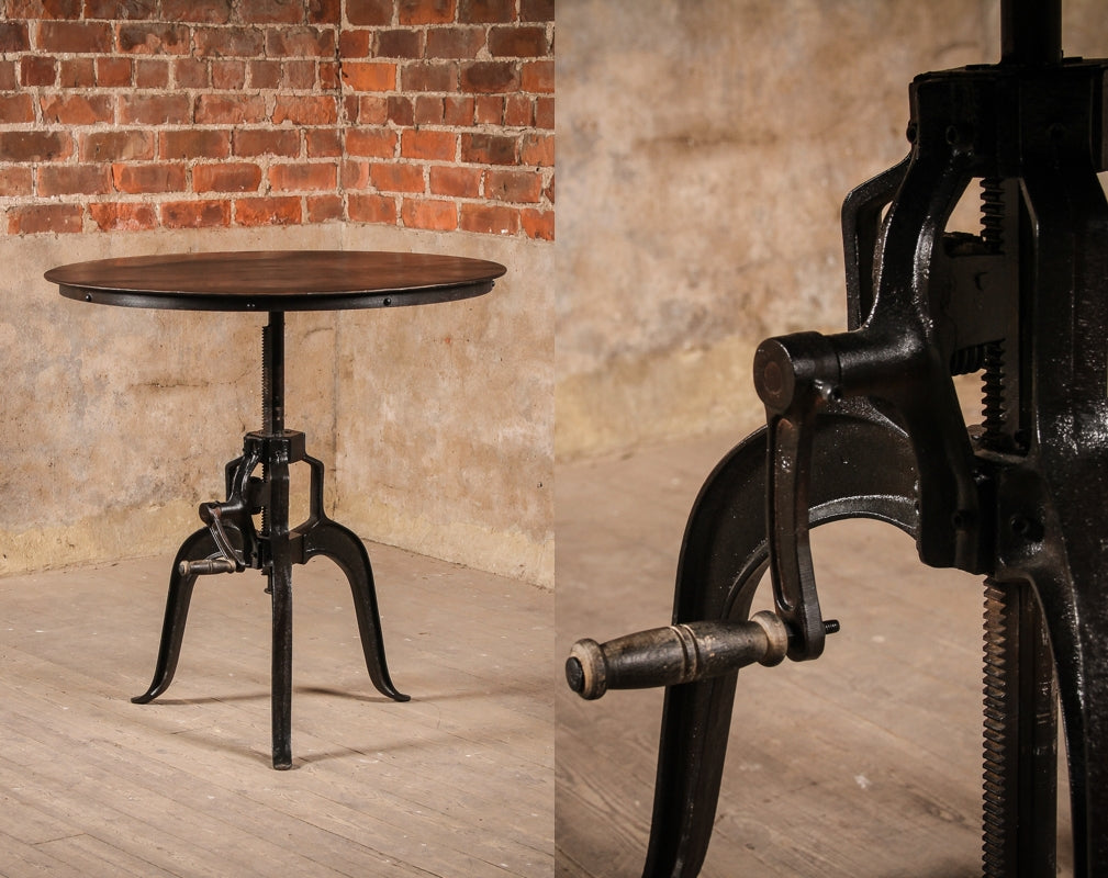 The Industrial Metal Atholl Crank Table from J.N. Rusticus with detail view of crank component