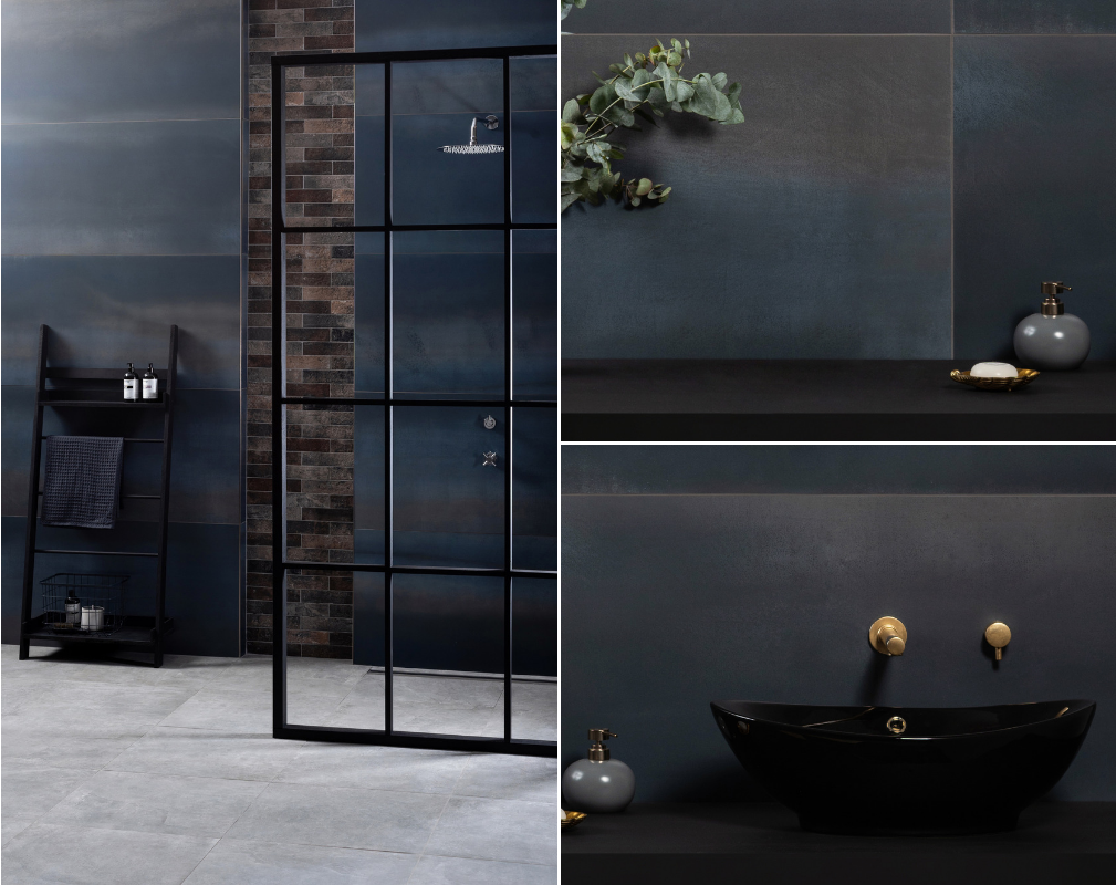 An industrial style bathroom featuring the Midnight Blue Tile of the Year 2019 from Original Style