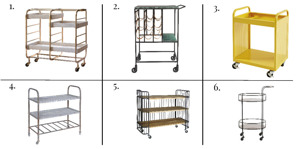 A selection of 6 industrial style metal trolleys on castors