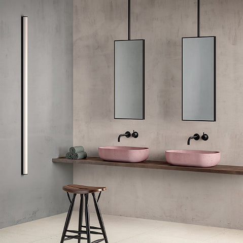 Pastel industrial bathroom scheme with concrete duo basin.