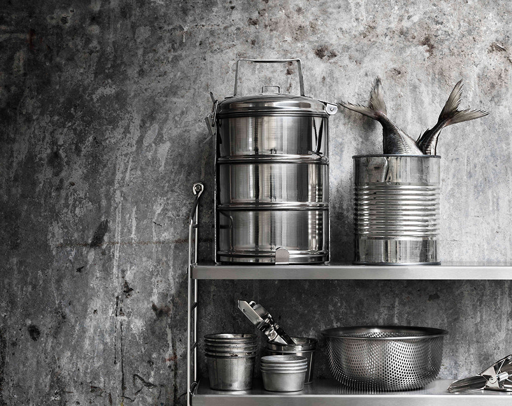 string shelving system in stainless steel.