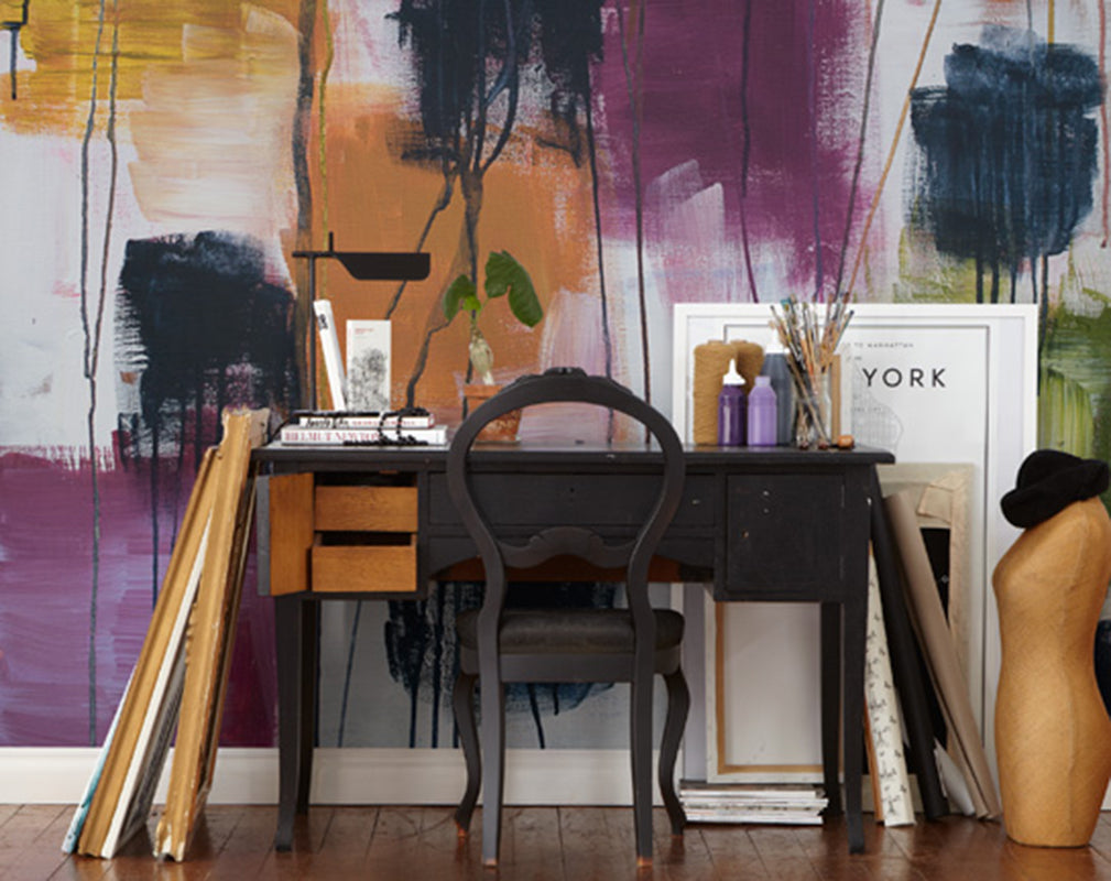 abstract wallpaper in vintage industrial home office by mr perswall