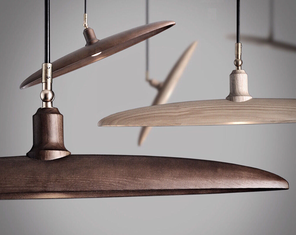 Flat timber pendant in light and dark wood by meriaki design.