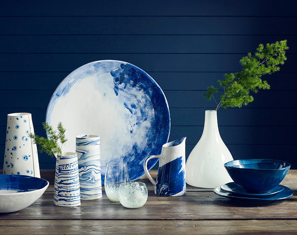 Indigo brushstrokes trend dinnerware collections by Mervyn Gers at Heals