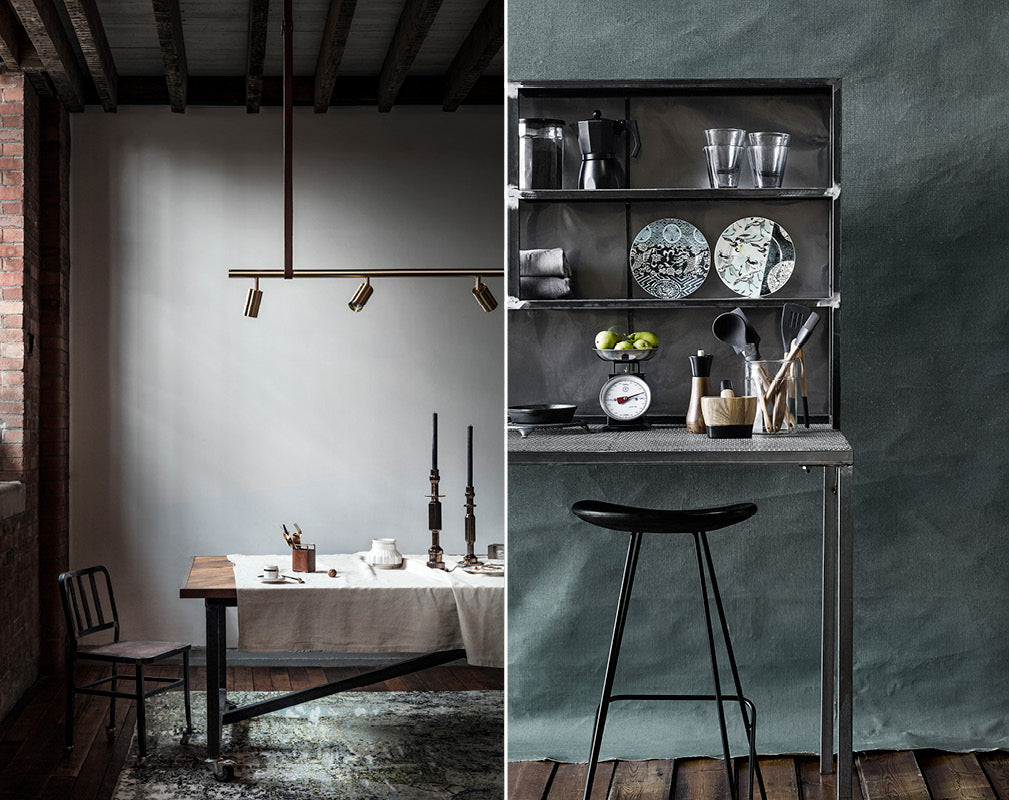 Freestanding luxe industrial kitchen and dining schemes by Warehouse Home.