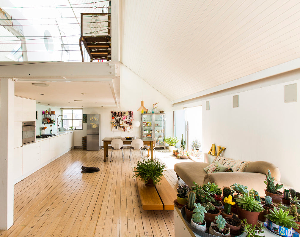 Interior living room scheme of spratts factory with white painted brick and vaulted ceilings