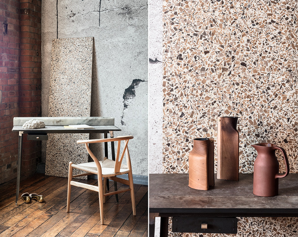 Contemporary industrial home office scheme with exposed brick wall terrazzo and concrete