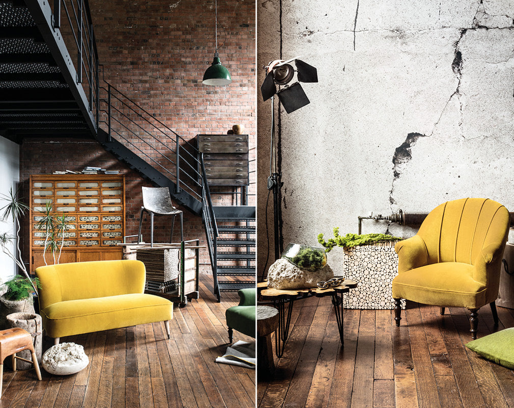 Living room and stair case with ochre yellow accents and industrial detail