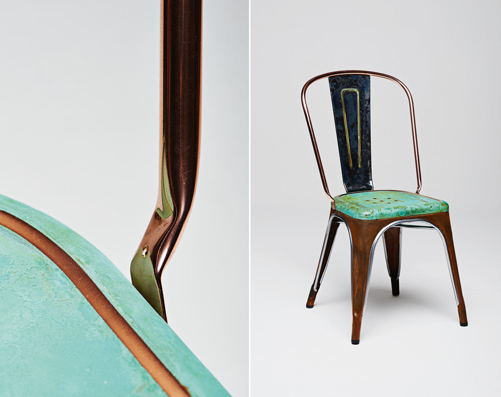 alteration for tolix iconic a chair with patinated copper finish