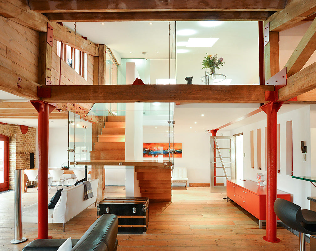 interior living space of london warehouse conversion at globe wharf