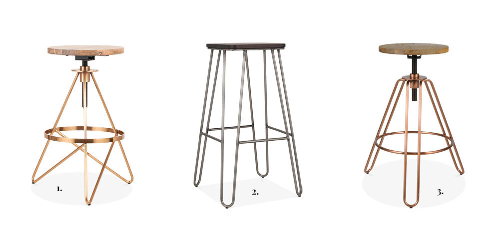 three bar stools with hairpin legs in copper and brass from cult furniture
