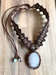 HANDMADE ELEVEN STONES MACRAME NECKLACE CLEAR CALCITE W/BROWN THREAD