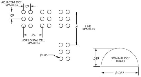 Perkins Electric Brailler schematic showing dot spacing and height.