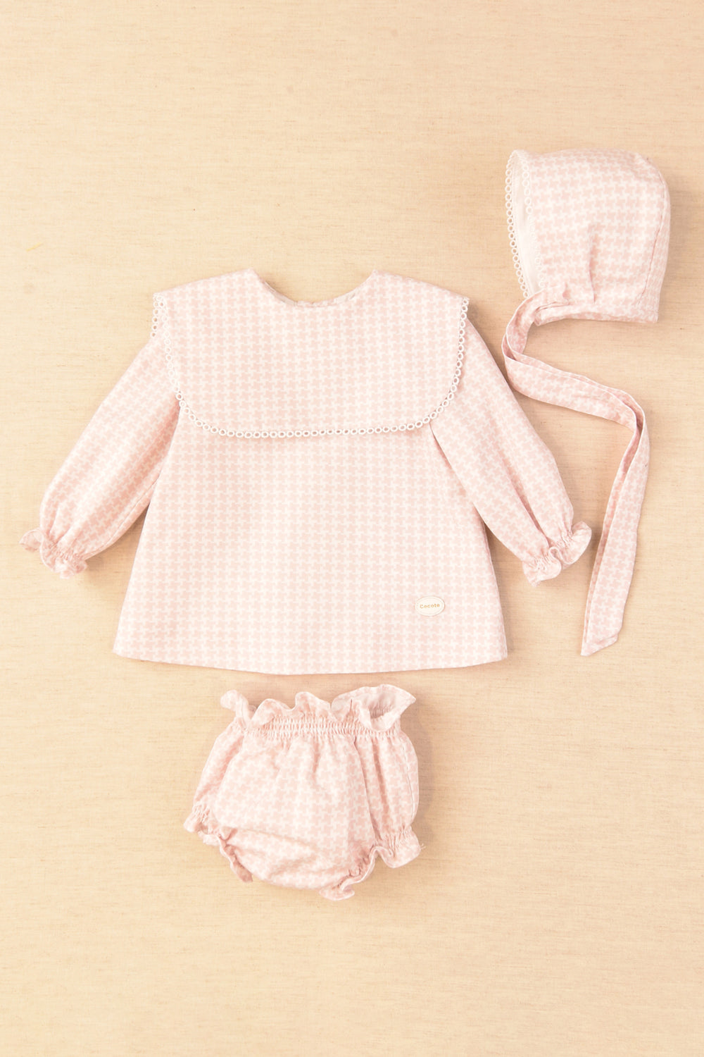 Cocote "Emmeline" Pink Houndstooth Dress, Bloomers & Bonnet | iphoneandroidapplications