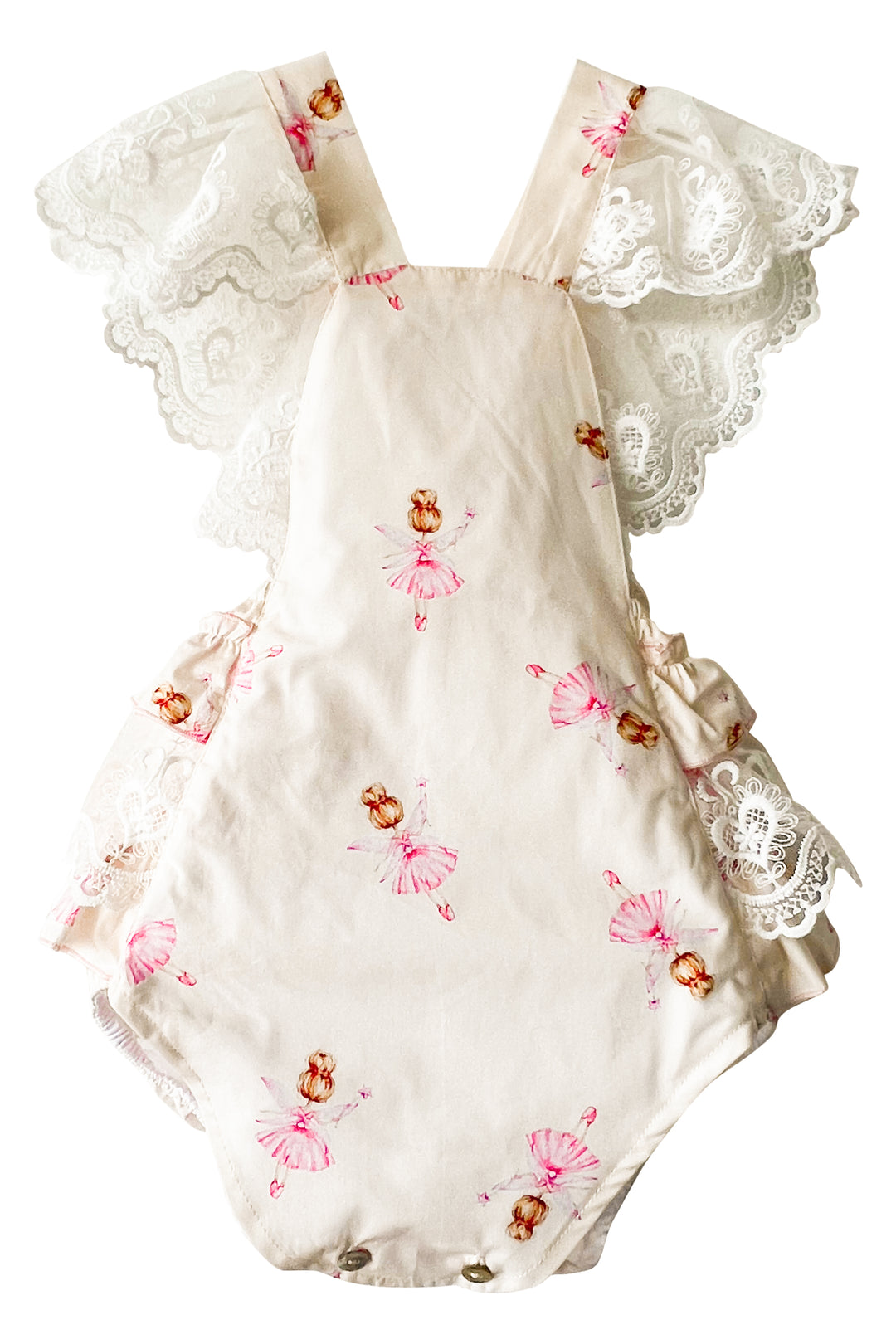 Phi "Peaches" Pink Fairy Print Lace Dungaree Romper | iphoneandroidapplications