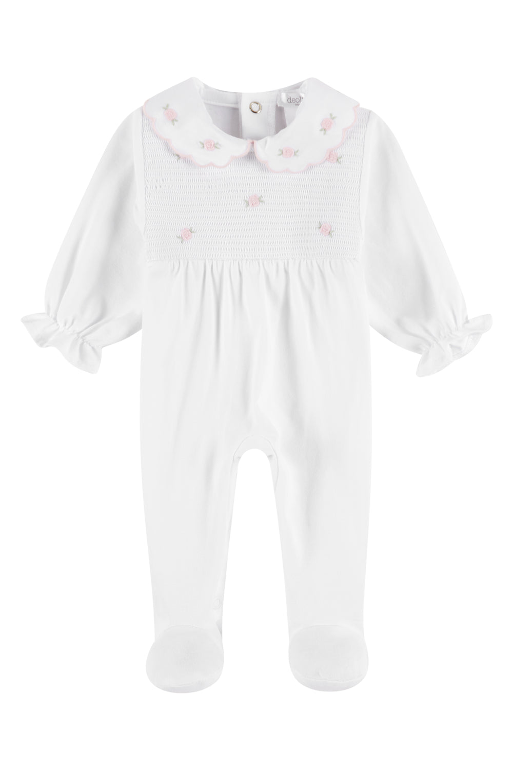 Deolinda "Cassandra" White & Pink Smocked Rose Sleepsuit | iphoneandroidapplications