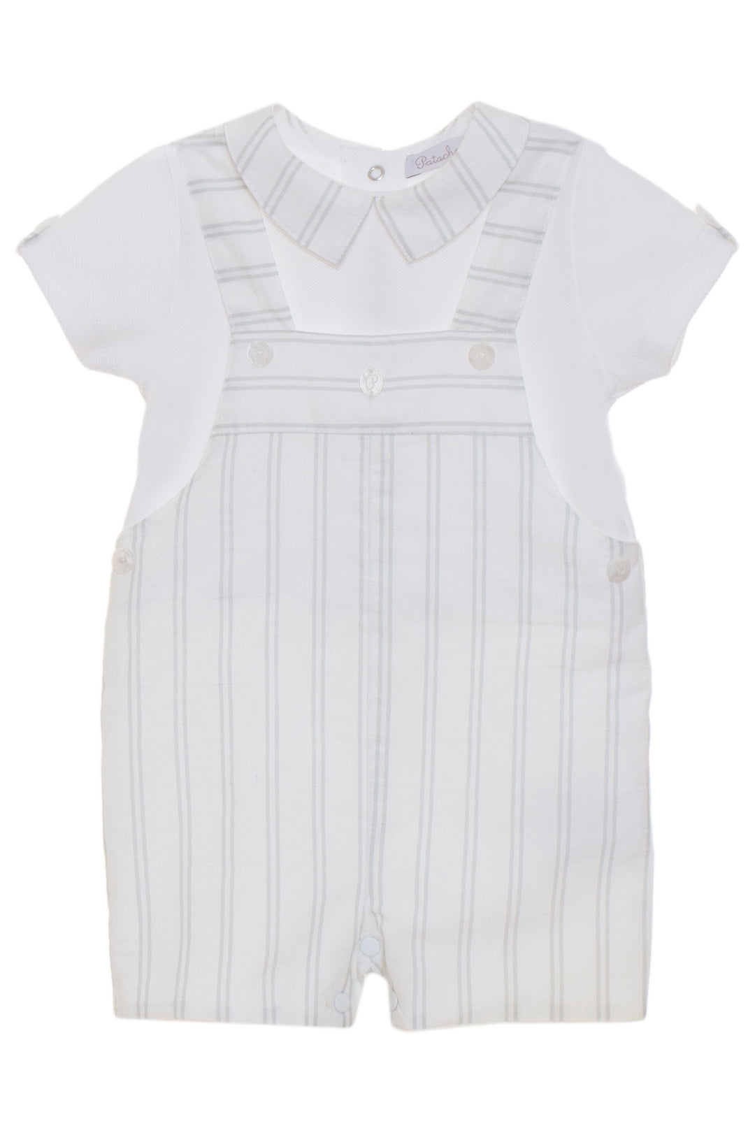 Patachou "Wren" Grey Striped Dungaree Romper | iphoneandroidapplications