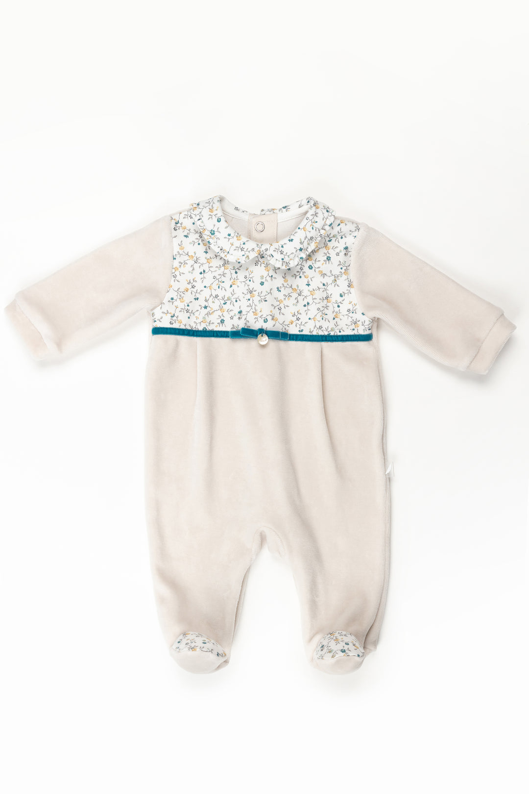 Pureté du Bebe "Agnes" Stone & Teal Floral Velour Sleepsuit | iphoneandroidapplications