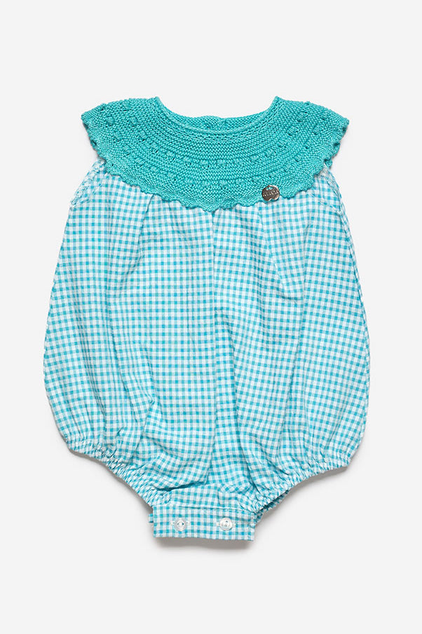 Juliana "Casey" Turquoise Half Knit Gingham Romper | iphoneandroidapplications