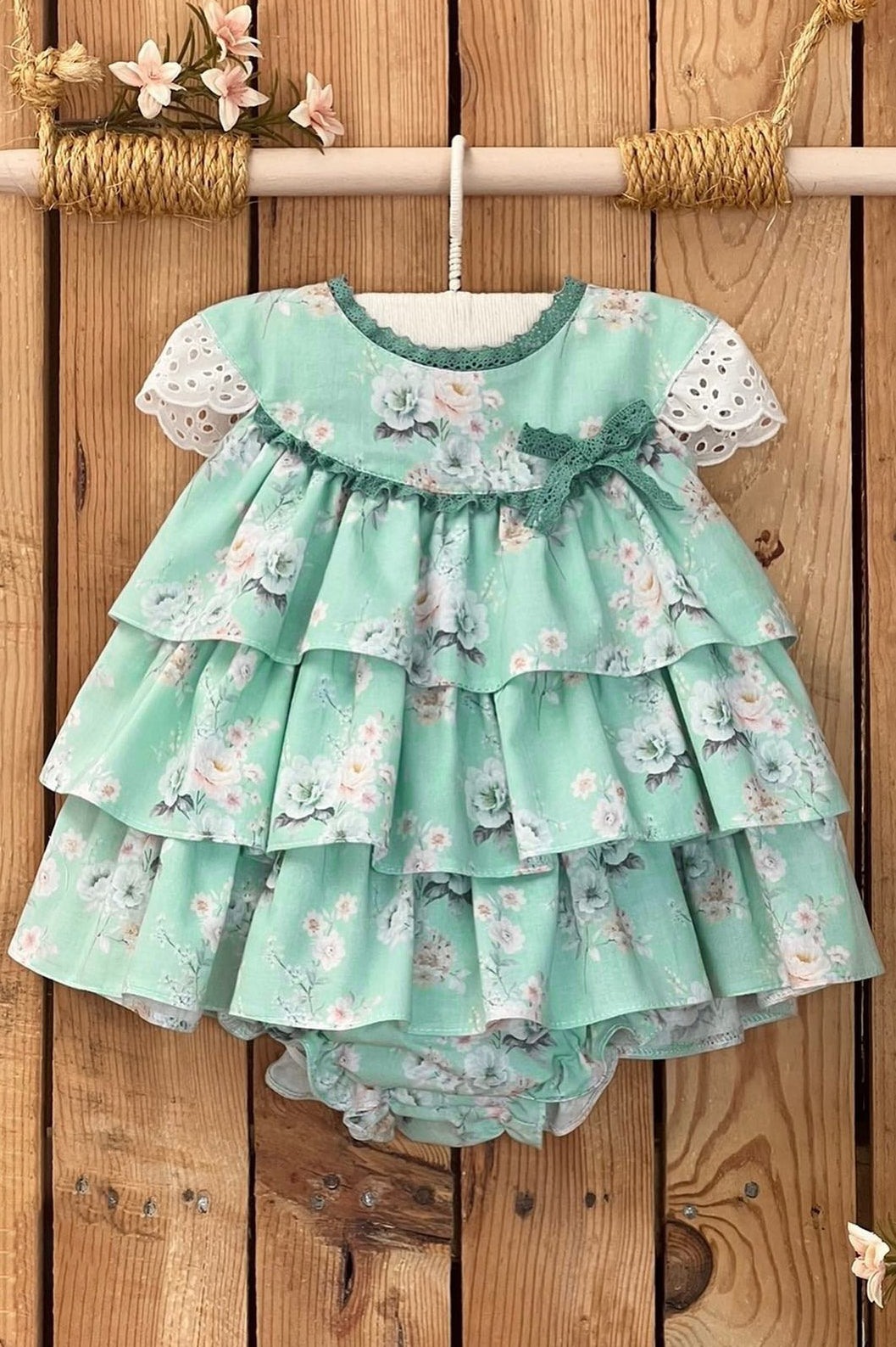 Valentina Bebes "Cordelia" Mint Floral Layered Dress & Bloomers | iphoneandroidapplications