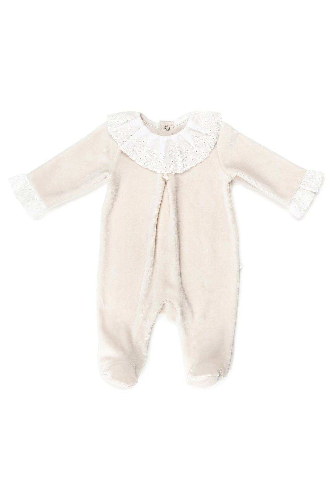 Pureté du Bebe "Eliana" Stone Velour Broderie Anglaise Sleepsuit | iphoneandroidapplications