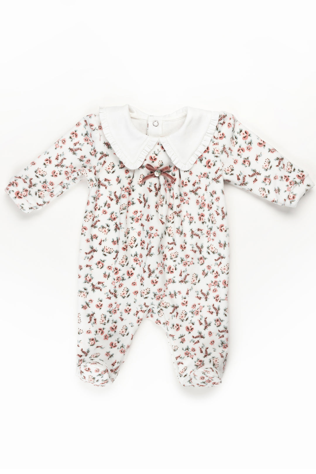 Pureté du Bebe "Marigold" Dusky Pink Floral Velour Sleepsuit | iphoneandroidapplications