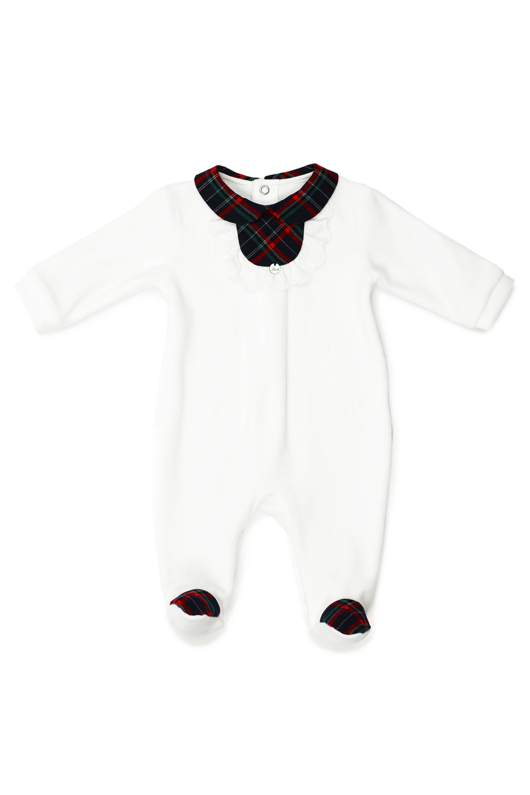 Pureté du Bebe "Aura" White Velour Tartan Sleepsuit | iphoneandroidapplications