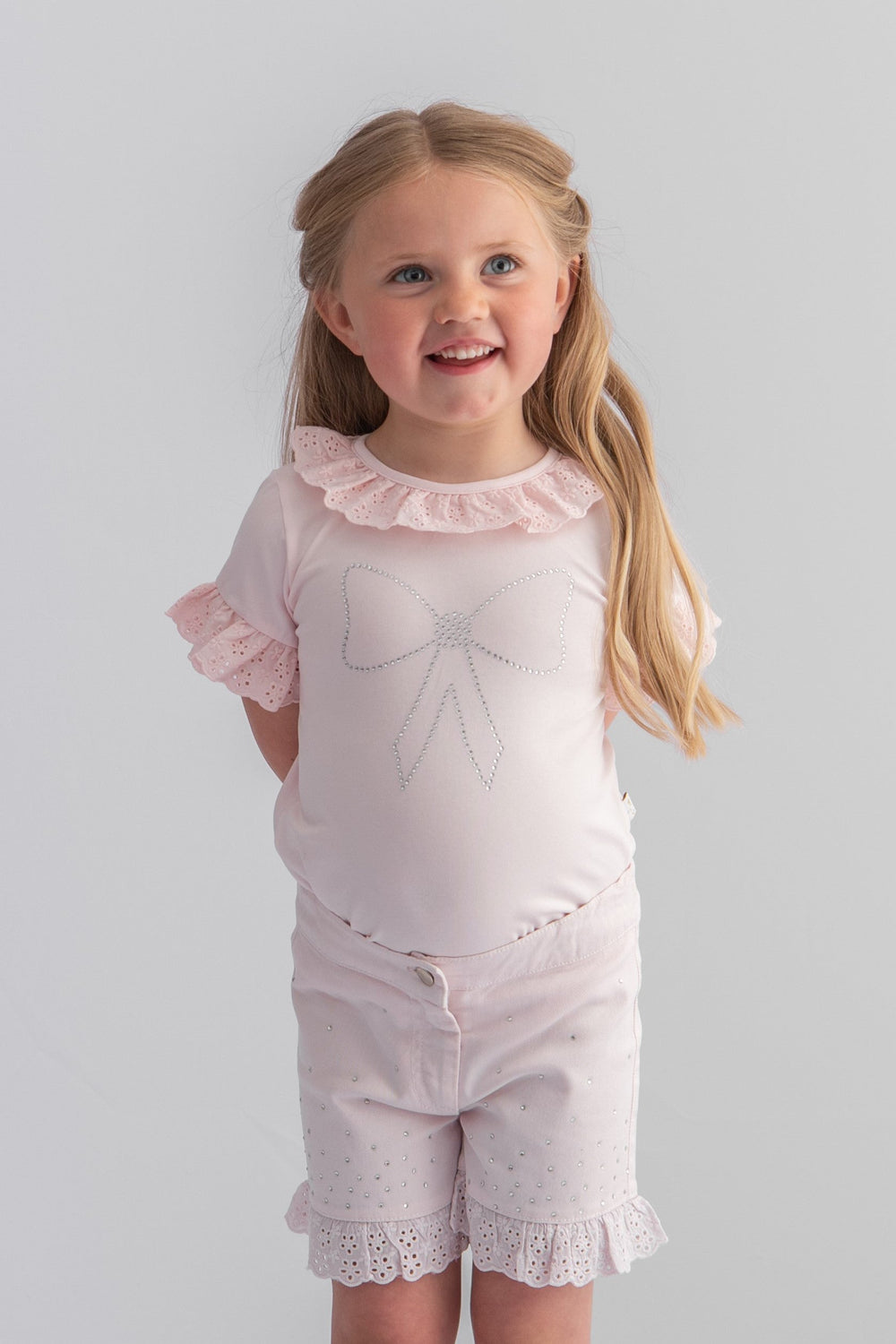 Caramelo Kids "Anna" Pink Broderie Anglaise Diamanté Bow Top | iphoneandroidapplications
